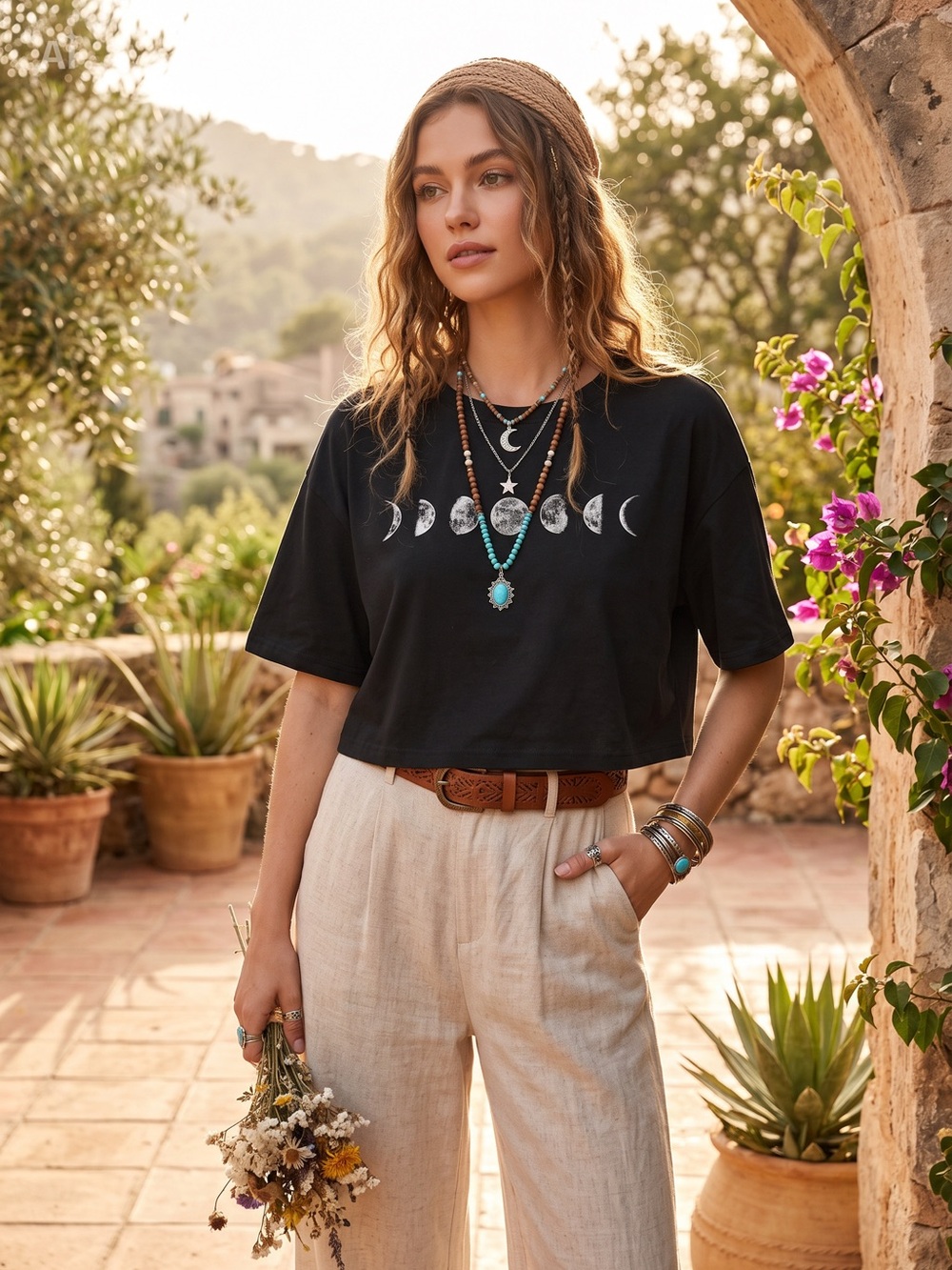 SHEIN Black Moon Phase Crop Tee